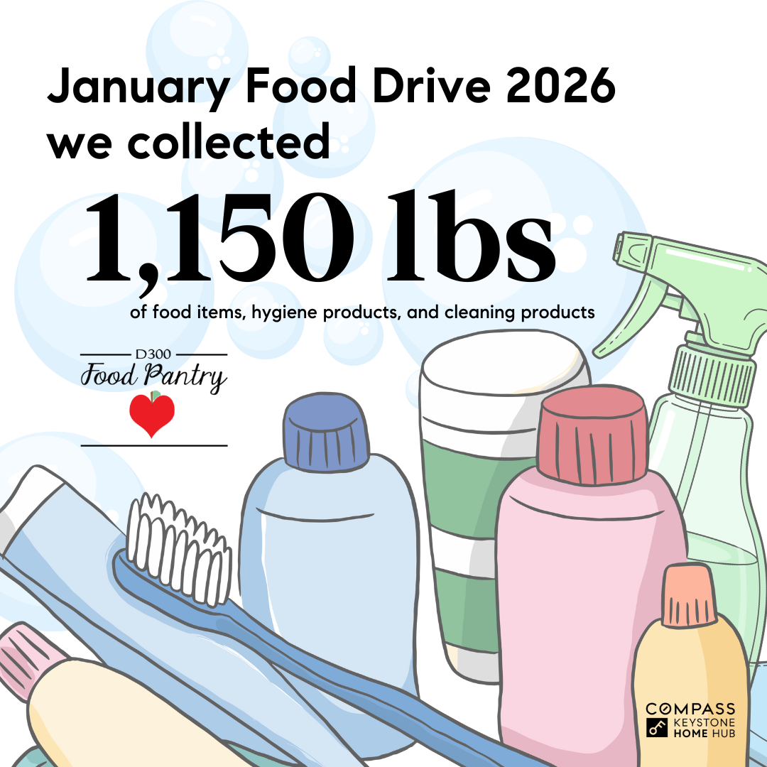 Illustration of hygiene and cleaning products with text: January Food Drive 2026 we collected 1,150 lbs of food items, hygiene products, and cleaning products for D300 Food Pantry, by Compass Keystone Home Hub.