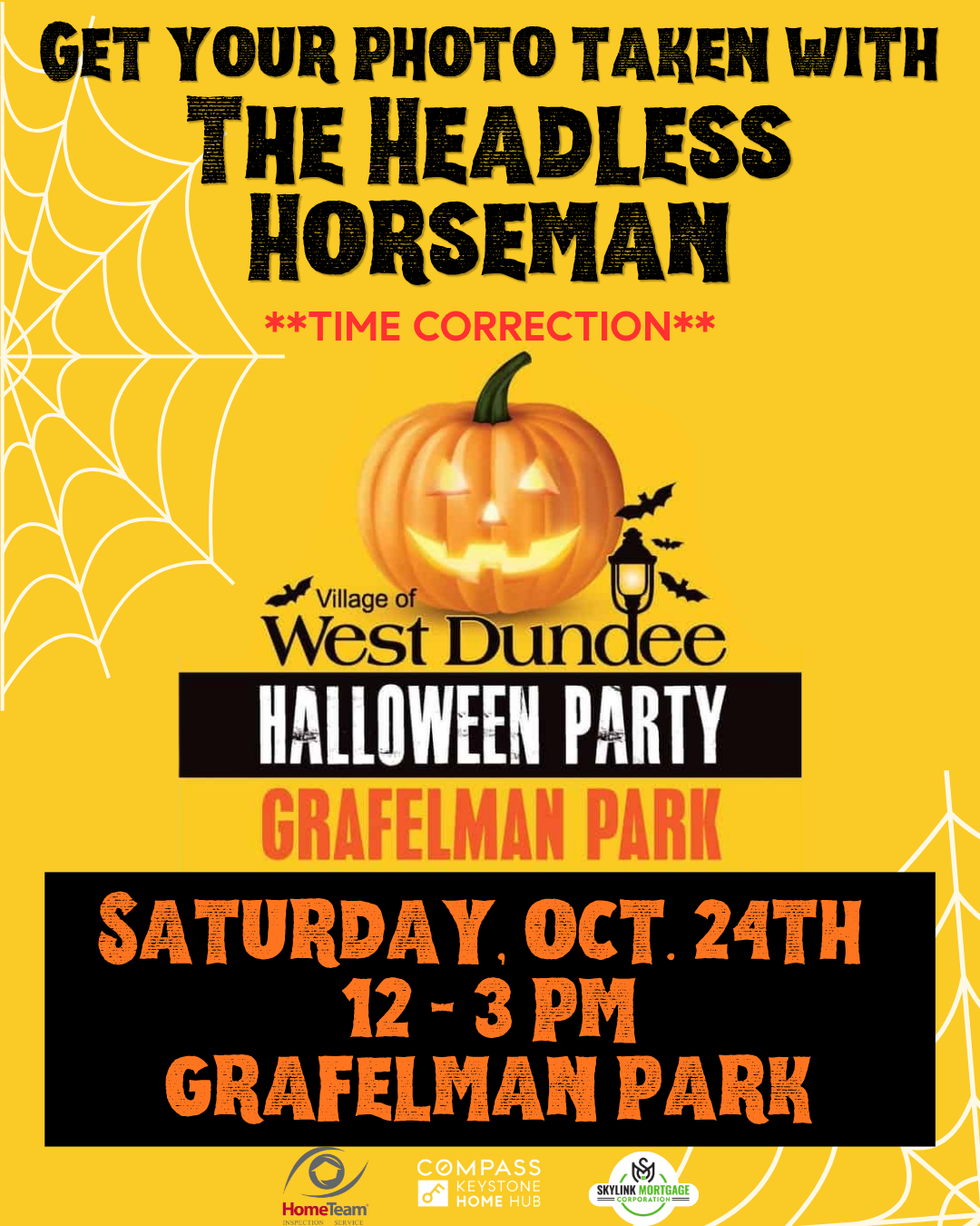 Event flyer for the Village of West Dundee Halloween Party on Saturday, Oct. 24th from 12-3 PM at Grafelman Park, featuring a photo opportunity with The Headless Horseman.